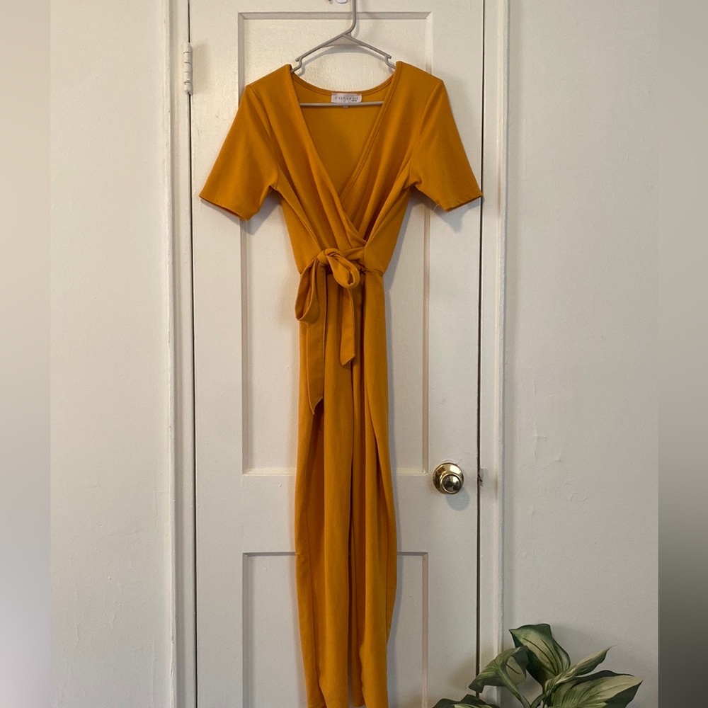 Mustard jumpsuit with V-line neck and waist tie (Worn once to a bridal shower)